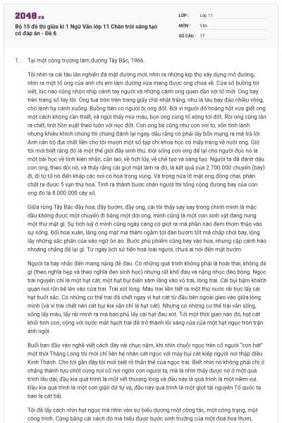 Bộ 15 đề thi giữa kì 1 Ngữ Văn lớp 11 Chân trời sáng tạo có đáp án - Đề 6