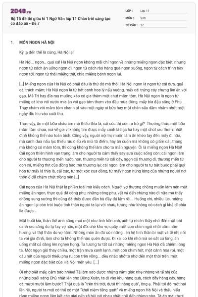 Bộ 15 đề thi giữa kì 1 Ngữ Văn lớp 11 Chân trời sáng tạo có đáp án - Đề 7