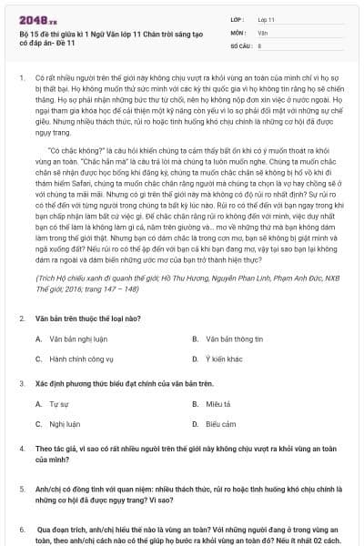 Bộ 15 đề thi giữa kì 1 Ngữ Văn lớp 11 Chân trời sáng tạo có đáp án- Đề 11