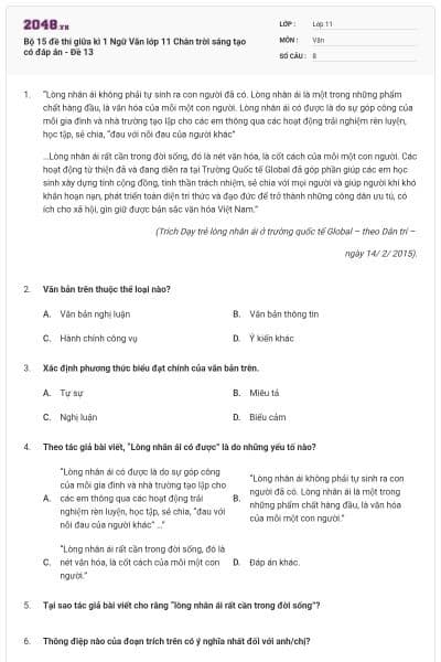 Bộ 15 đề thi giữa kì 1 Ngữ Văn lớp 11 Chân trời sáng tạo có đáp án - Đề 13