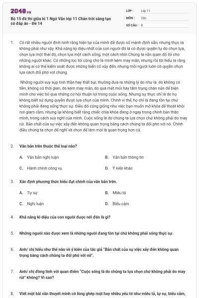 Bộ 15 đề thi giữa kì 1 Ngữ Văn lớp 11 Chân trời sáng tạo có đáp án - Đề 14