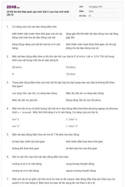 20 Đề thi thử thpt quốc gia môn Vật Lí cực hay mới nhất (đề 4)
