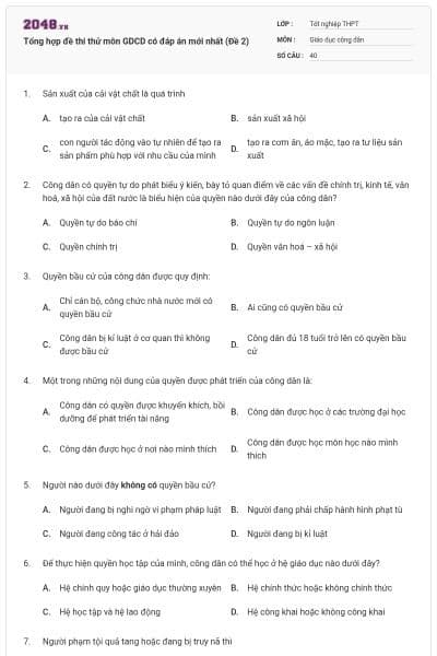 Tổng hợp đề thi thử môn GDCD có đáp án mới nhất (Đề 2)