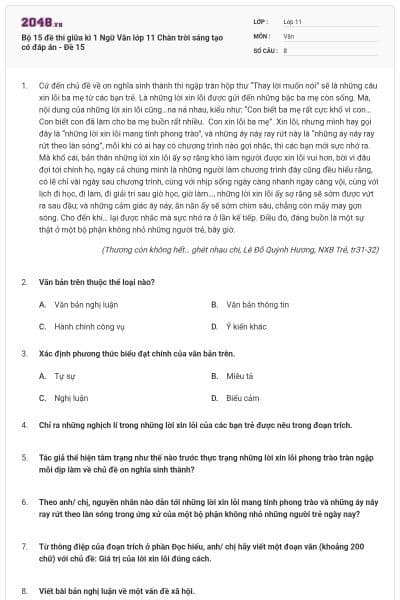 Bộ 15 đề thi giữa  kì 1 Ngữ Văn lớp 11 Chân trời sáng tạo có đáp án - Đề 15