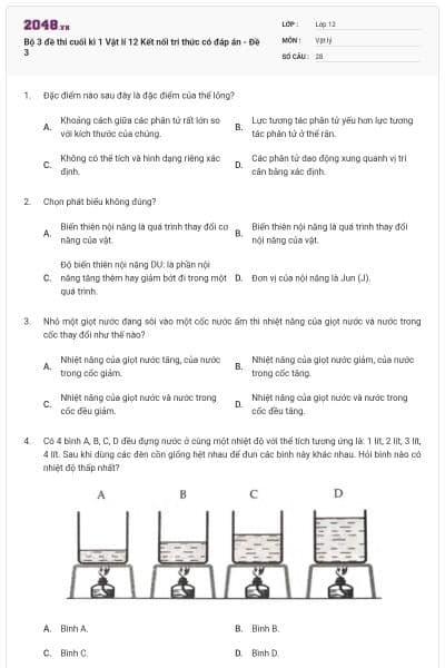 Bộ 3 đề thi cuối kì 1 Vật lí 12 Kết nối tri thức có đáp án - Đề 3