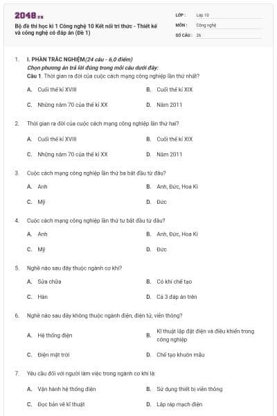Bộ đề thi học kì 1 Công nghệ 10 Kết nối tri thức - Thiết kế và công nghệ có đáp án (Đề 1)