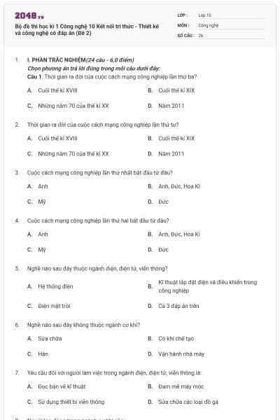 Bộ đề thi học kì 1 Công nghệ 10 Kết nối tri thức - Thiết kế và công nghệ có đáp án (Đề 2)