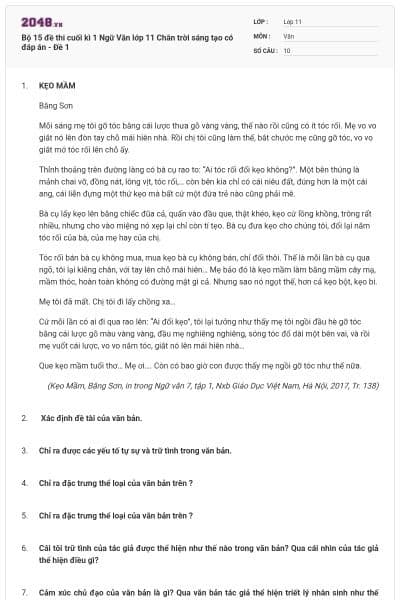 Bộ 15 đề thi cuối kì 1 Ngữ Văn lớp 11 Chân trời sáng tạo có đáp án - Đề 1