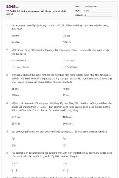 20 Đề thi thử thpt quốc gia môn Vật Lí cực hay mới nhất (đề 5)