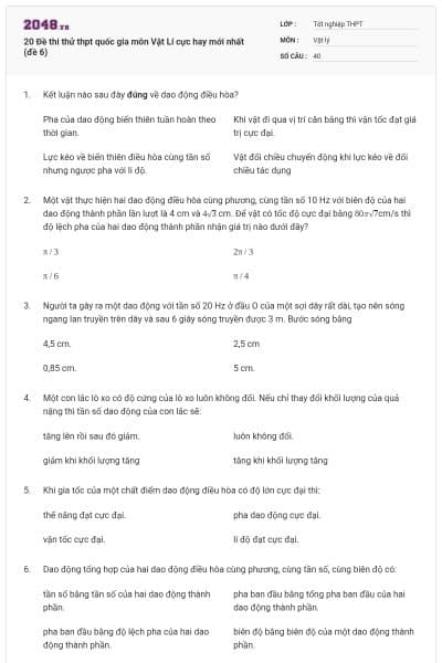20 Đề thi thử thpt quốc gia môn Vật Lí cực hay mới nhất (đề 6)