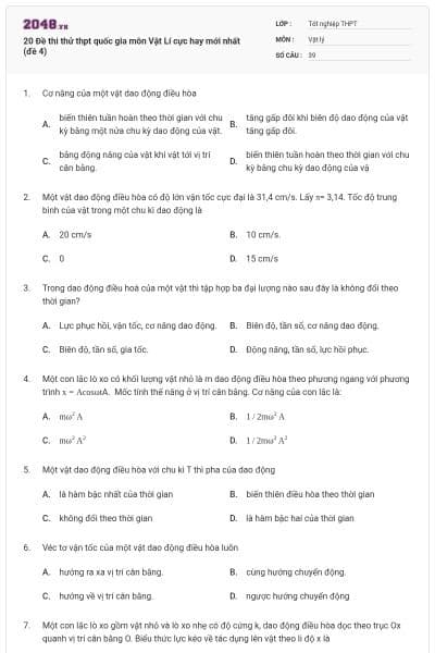 20 Đề thi thử thpt quốc gia môn Vật Lí cực hay mới nhất (đề 4)