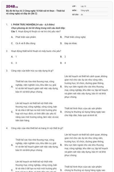 Bộ đề thi học kì 2 Công nghệ 10 Kết nối tri thức - Thiết kế và công nghệ có đáp án (Đề 2)