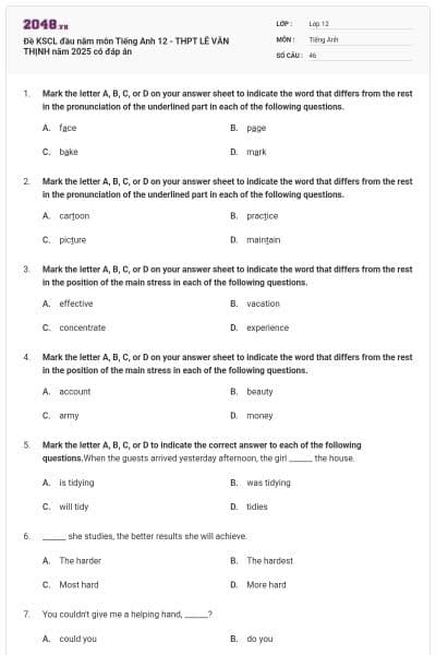 Đề KSCL đầu năm môn Tiếng Anh 12 - THPT LÊ VĂN THỊNH năm 2025 có đáp án