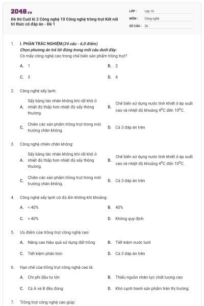 Đề thi Cuối kì 2 Công nghệ 10 Công nghệ trồng trọt Kết nối tri thức có đáp án - Đề 1