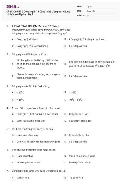 Đề thi Cuối kì 2 Công nghệ 10 Công nghệ trồng trọt Kết nối tri thức có đáp án - Đề 2