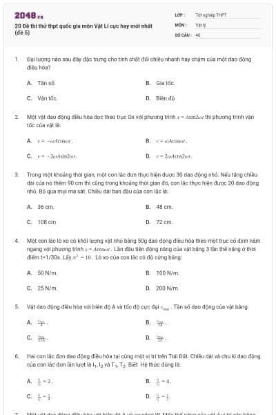 20 Đề thi thử thpt quốc gia môn Vật Lí cực hay mới nhất (đề 5)
