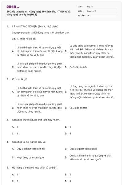 Bộ 2 đề thi giữa kì 1 Công nghệ 10 Cánh diều - Thiết kế và công nghệ có đáp án (Đề 1)