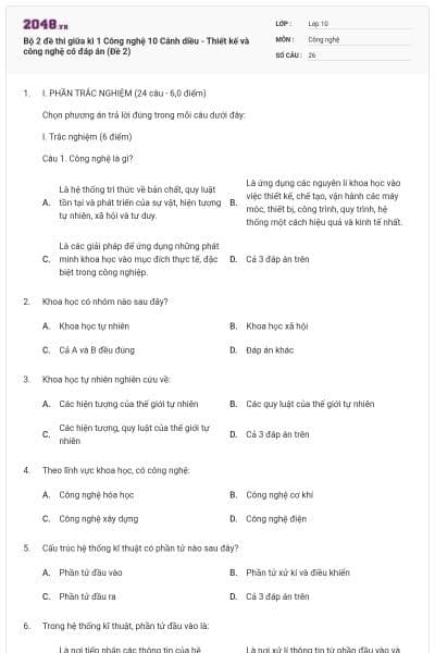 Bộ 2 đề thi giữa kì 1 Công nghệ 10 Cánh diều - Thiết kế và công nghệ có đáp án (Đề 2)