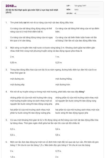 20 Đề thi thử thpt quốc gia môn Vật Lí cực hay mới nhất (đề 8)