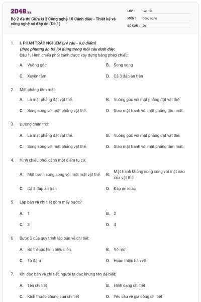 Bộ 2 đề thi Giữa kì 2 Công nghệ 10 Cánh diều - Thiết kế và công nghệ có đáp án (Đề 1)