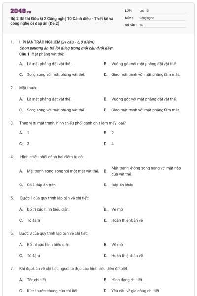 Bộ 2 đề thi Giữa kì 2 Công nghệ 10 Cánh diều - Thiết kế và công nghệ có đáp án (Đề 2)