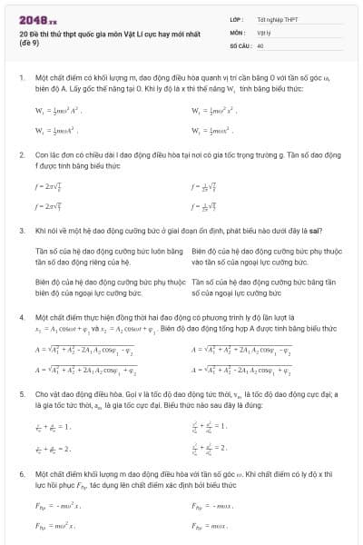 20 Đề thi thử thpt quốc gia môn Vật Lí cực hay mới nhất (đề 9)