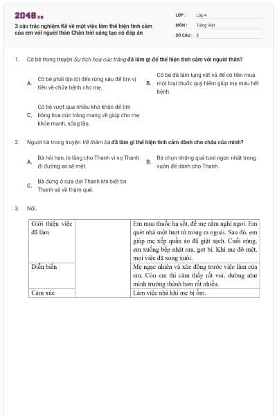 3 câu trắc nghiệm Kể về một việc làm thể hiện tình cảm của em với người thân Chân trời sáng tạo có đáp án