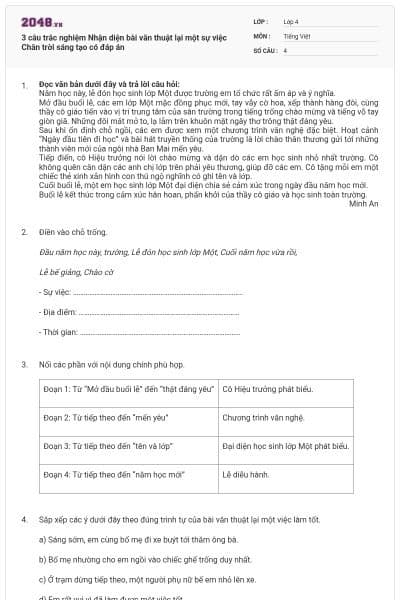 3 câu trắc nghiệm Nhận diện bài văn thuật lại một sự việc Chân trời sáng tạo có đáp án