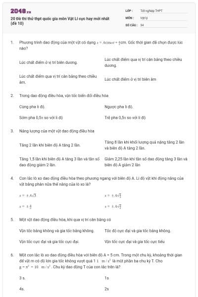 20 Đề thi thử thpt quốc gia môn Vật Lí cực hay mới nhất (đề 10)