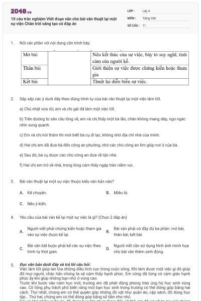 10 câu trắc nghiệm Viết đoạn văn cho bài văn thuật lại một sự việc Chân trời sáng tạo có đáp án