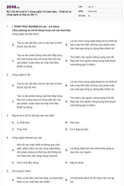 Bộ 2 đề thi Cuối kì 1 Công nghệ 10 Cánh diều - Thiết kế và công nghệ có đáp án (Đề 1)