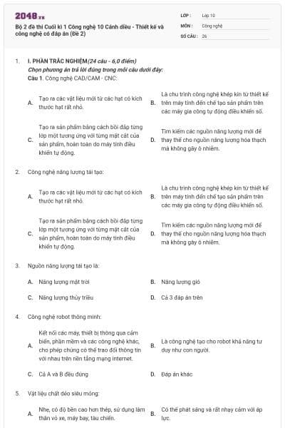 Bộ 2 đề thi Cuối kì 1 Công nghệ 10 Cánh diều - Thiết kế và công nghệ có đáp án (Đề 2)