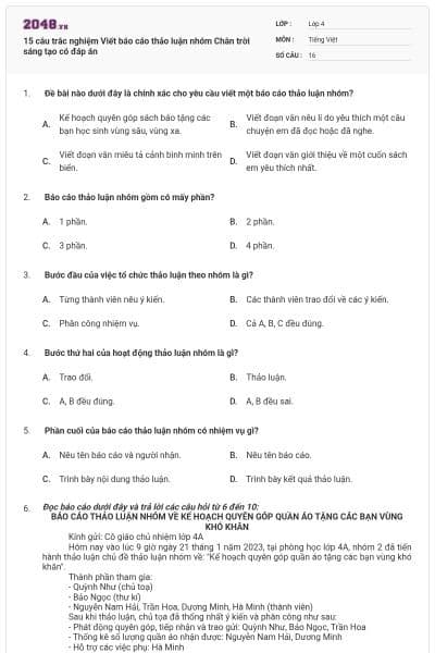 15 câu trắc nghiệm Viết báo cáo thảo luận nhóm Chân trời sáng tạo có đáp án