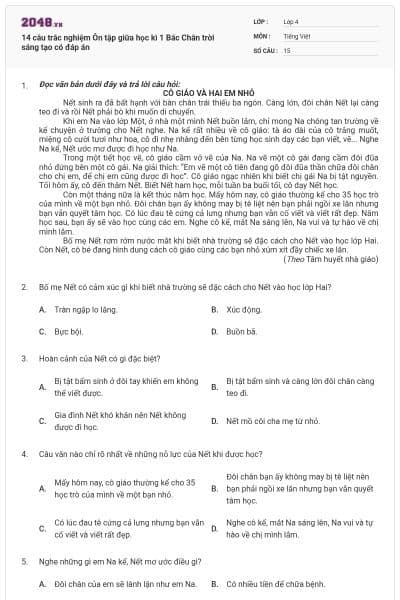 14 câu trắc nghiệm Ôn tập giữa học kì 1 Bác Chân trời sáng tạo có đáp án