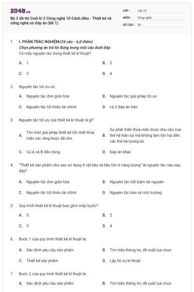 Bộ 2 đề thi Cuối kì 2 Công nghệ 10 Cánh diều - Thiết kế và công nghệ có đáp án (Đề 1)