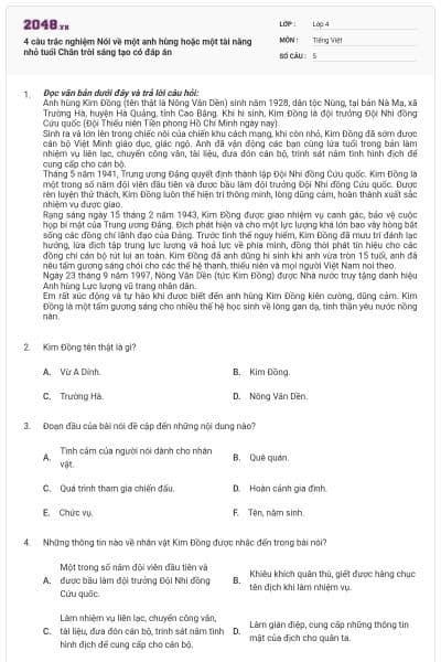 4 câu trắc nghiệm Nói về một anh hùng hoặc một tài năng nhỏ tuổi Chân trời sáng tạo có đáp án