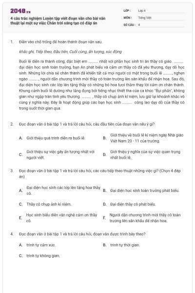 4 câu trắc nghiệm Luyện tập viết đoạn văn cho bài văn thuật lại một sự việc Chân trời sáng tạo có đáp án