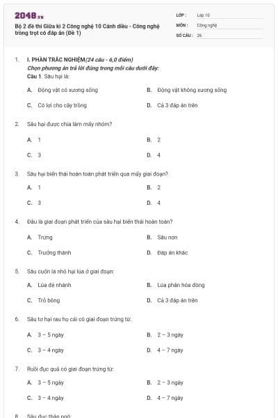 Bộ 2 đề thi Giữa kì 2 Công nghệ 10 Cánh diều - Công nghệ trồng trọt có đáp án (Đề 1)