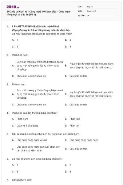 Bộ 2 đề thi Cuối kì 1 Công nghệ 10 Cánh diều - Công nghệ trồng trọt có đáp án (Đề 1)