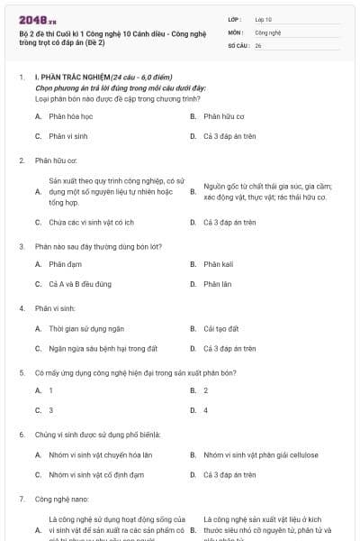 Bộ 2 đề thi Cuối kì 1 Công nghệ 10 Cánh diều - Công nghệ trồng trọt có đáp án (Đề 2)