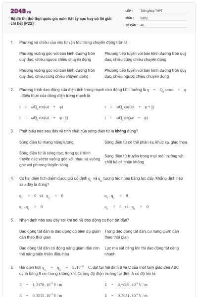 Bộ đề thi thử thpt quốc gia môn Vật Lý cực hay có lời giải chi tiết (P22)