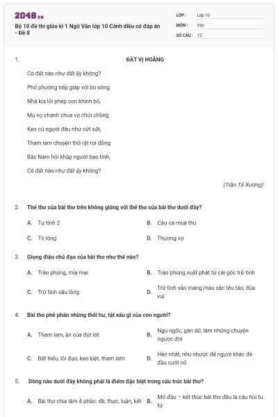 Bộ 10 đề thi giữa kì 1 Ngữ Văn lớp 10 Cánh diều có đáp án - Đề 8