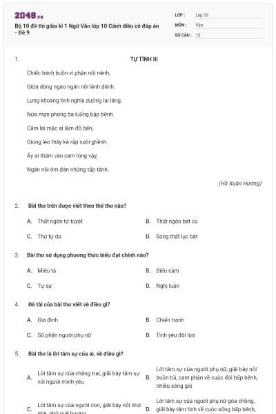 Bộ 10 đề thi giữa kì 1 Ngữ Văn lớp 10 Cánh diều có đáp án - Đề 9