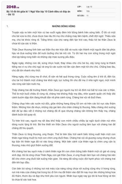 Bộ 10 đề thi giữa kì 1 Ngữ Văn lớp 10 Cánh diều có đáp án - Đề 10