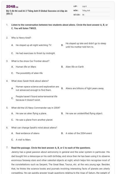 Bộ 5 đề thi cuối kì 2 Tiếng Anh 8 Global Success có đáp án (Đề 2)
