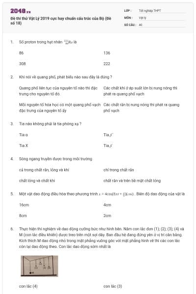 Đề thi thử Vật Lý 2019 cực hay chuẩn cấu trúc của Bộ (Đề số 18)