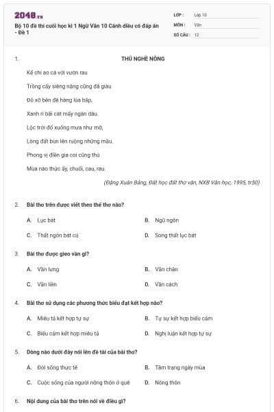 Bộ 10 đề thi cuối học kì 1 Ngữ Văn 10 Cánh diều có đáp án - Đề 1