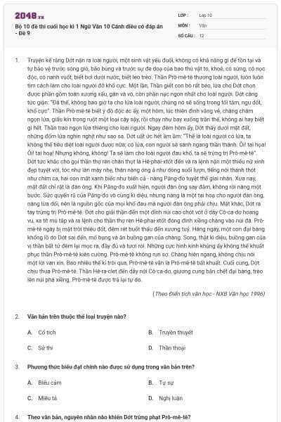 Bộ 10 đề thi cuối học kì 1 Ngữ Văn 10 Cánh diều có đáp án - Đề 9