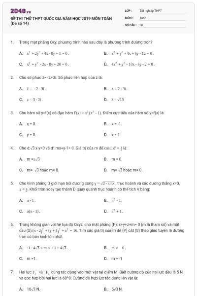 ĐỀ THI THỬ THPT QUỐC GIA NĂM HỌC 2019 MÔN TOÁN (Đề số 14)