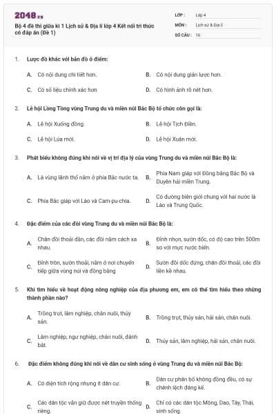 Bộ 4 đề thi giữa kì 1 Lịch sử & Địa lí lớp 4 Kết nối tri thức có đáp án (Đề 1)